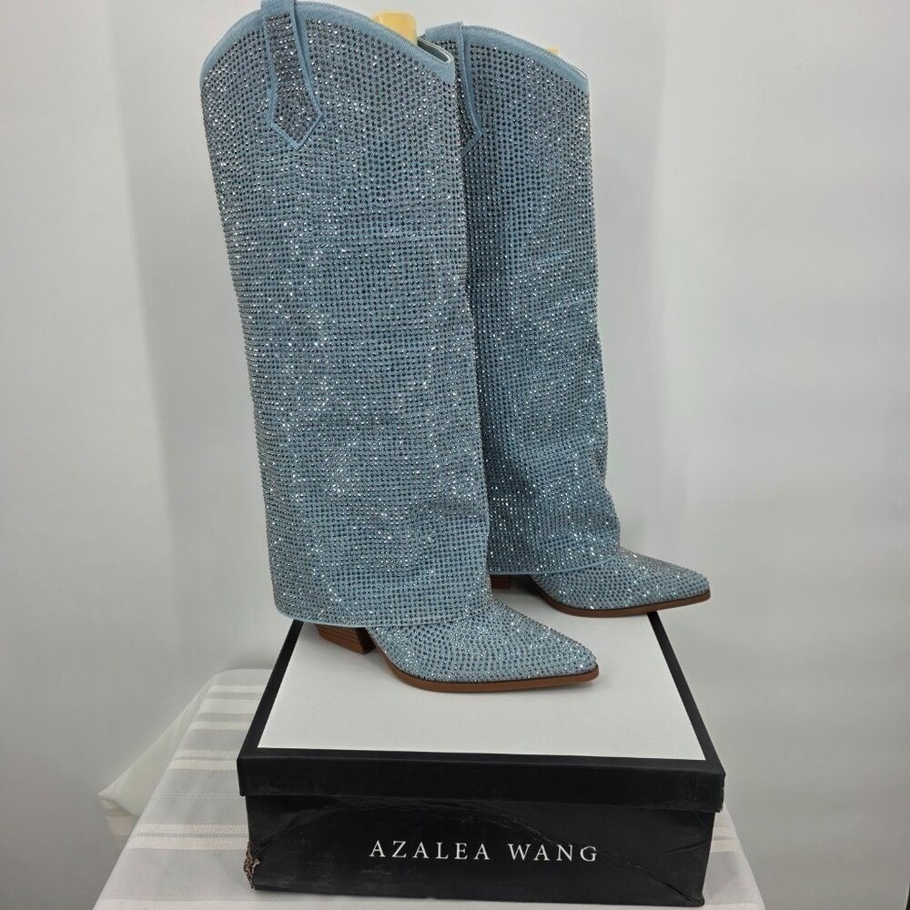 AZALEA WANG Banian Knee High Rhinestone Denim Western Boot 8.5 NWT - Picture 3 of 10